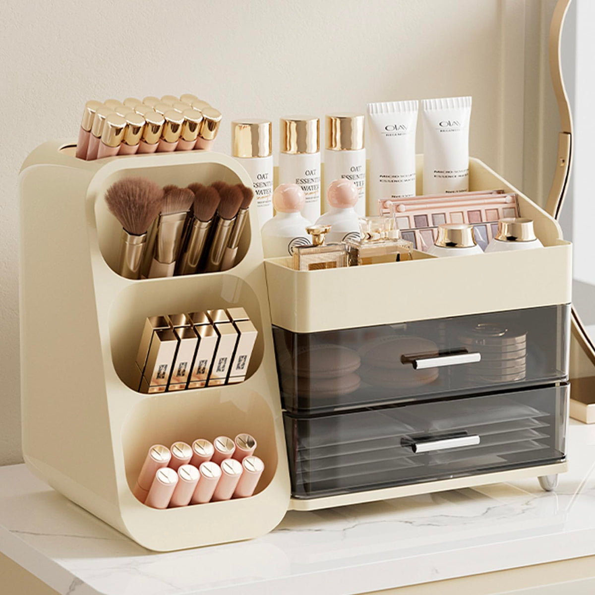 Aveniee makeup organizer cream white front view shows expansive storage for cosmetics.