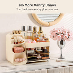 Aveniee makeup organizer front view highlights drawers and open compartments for skincare and perfumes.
