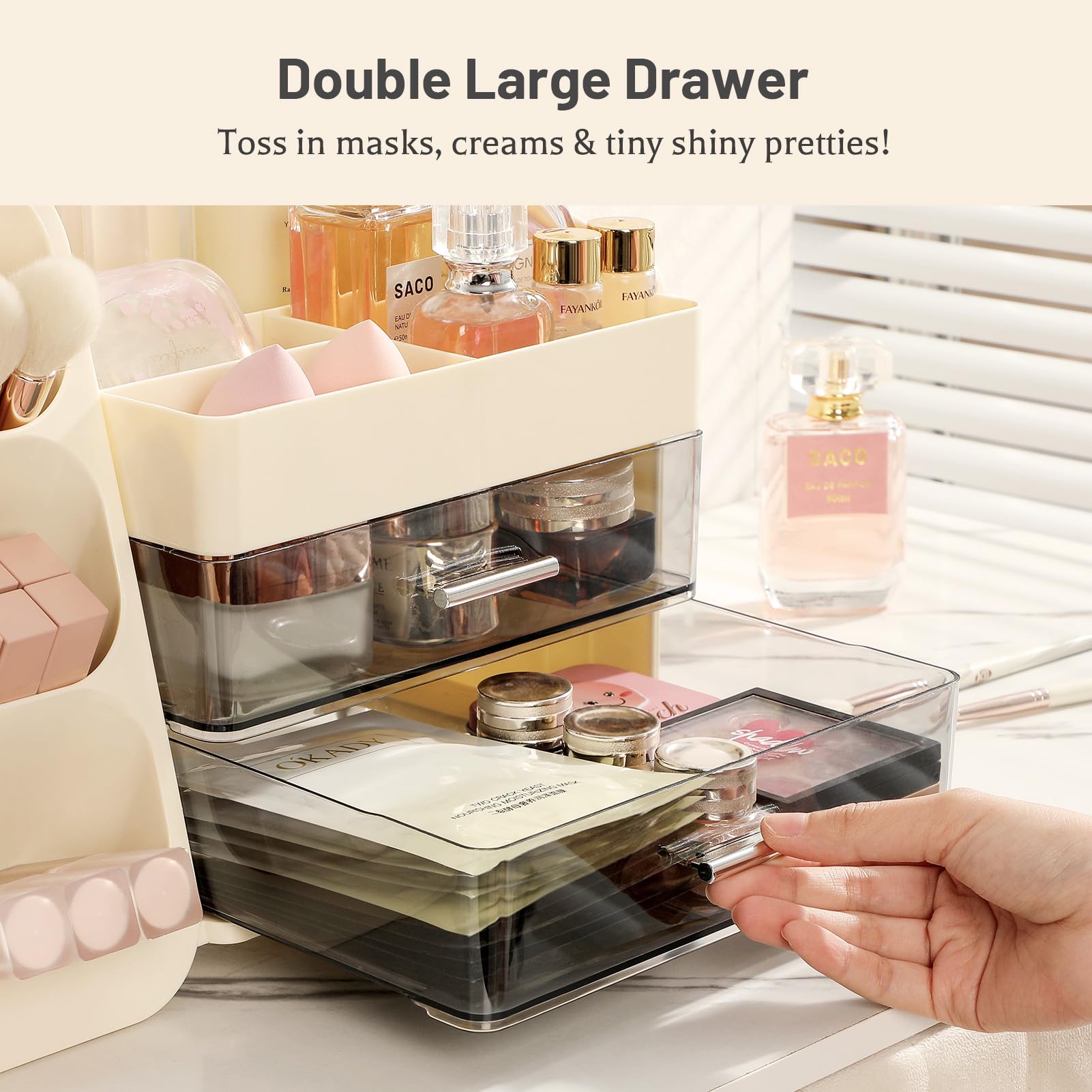 Aveniee makeup organizer side view demonstrates compact footprint ideal for small counters.