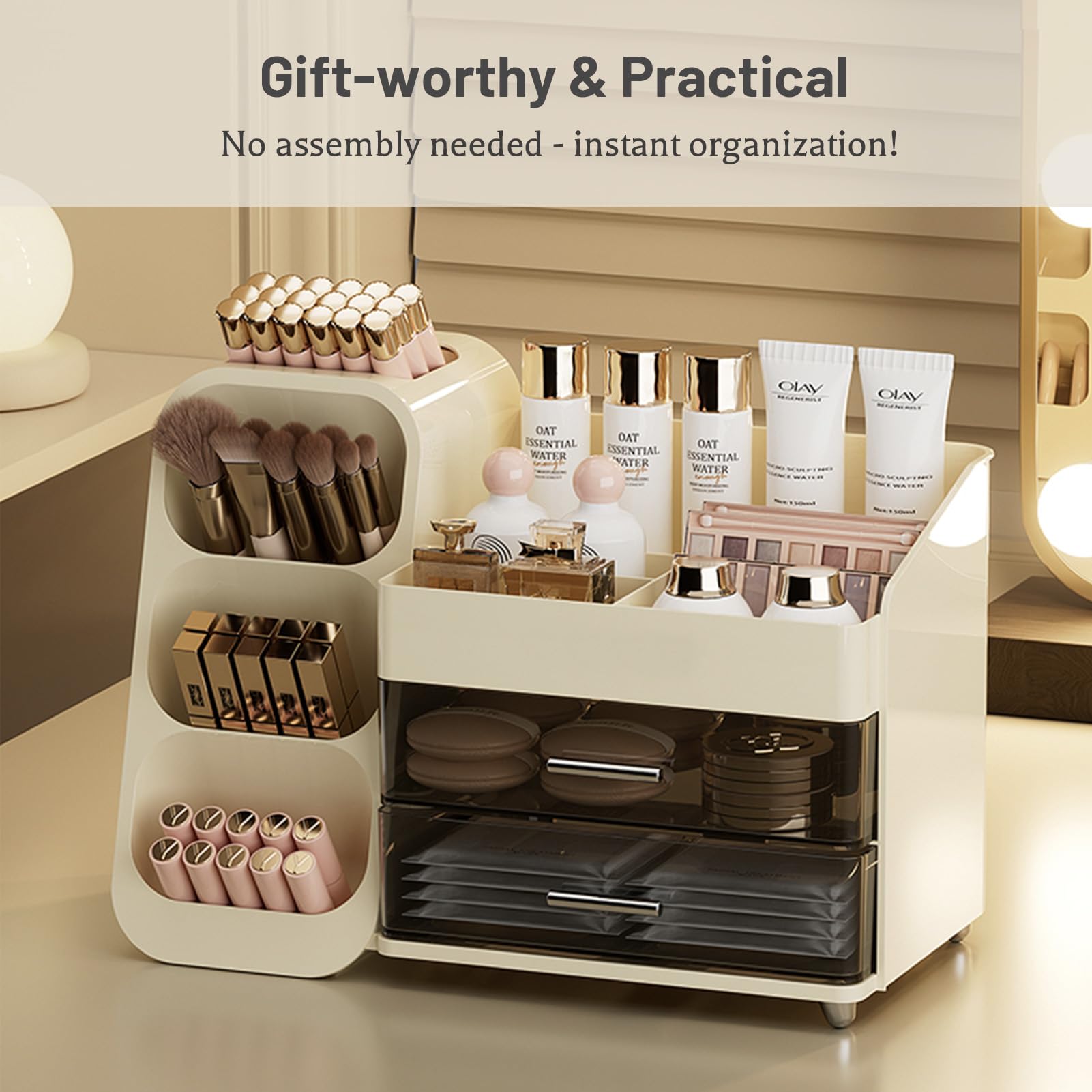 Aveniee makeup organizer stacked drawers illustrate multi-tier storage with versatile sections.