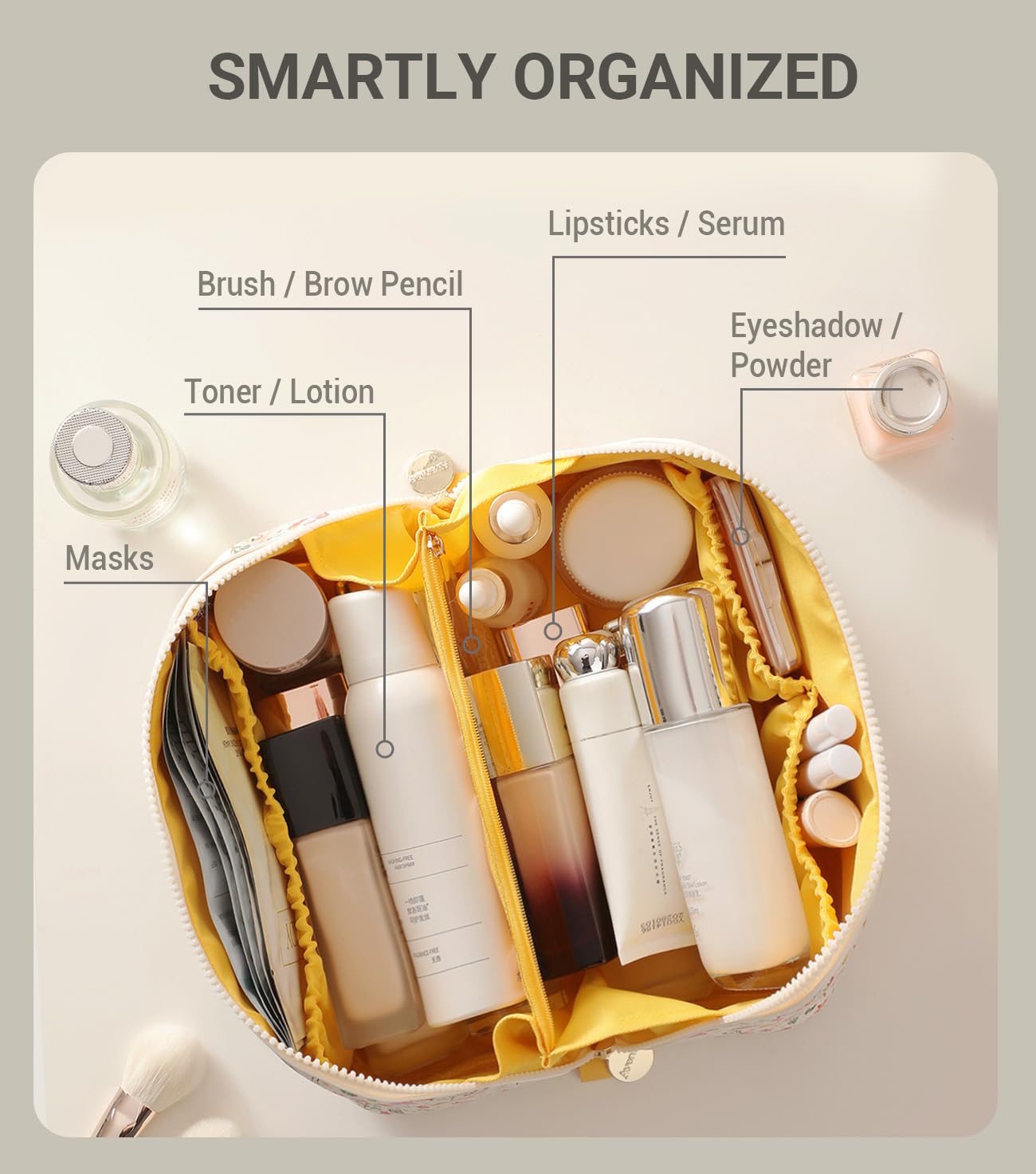 Aveniee travel makeup bag clear divider keeps cosmetics organized.