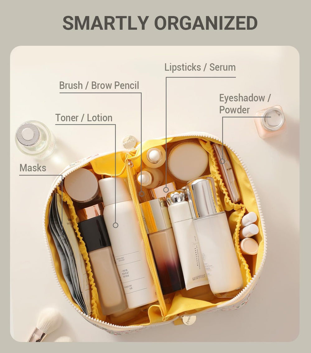 Aveniee travel makeup bag clear divider keeps cosmetics organized.