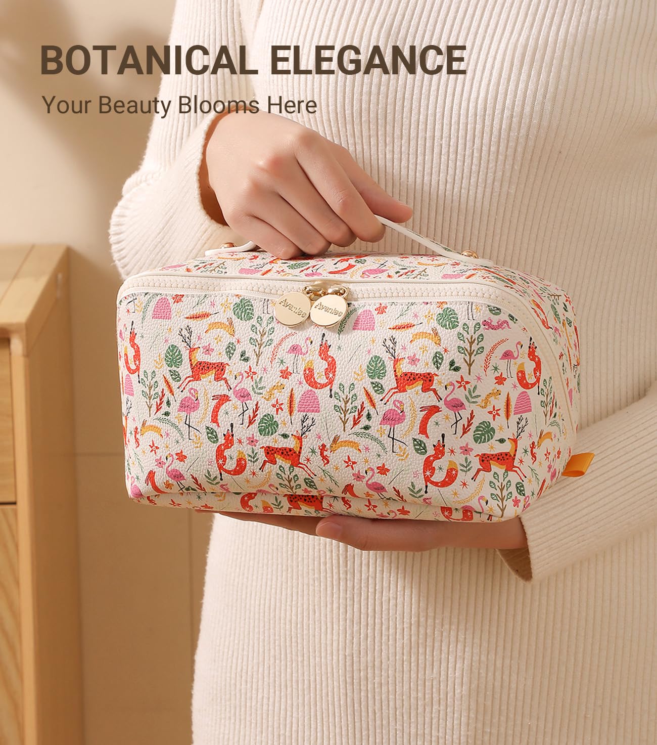 Aveniee travel makeup bag large capacity fits 20+ full-size products.