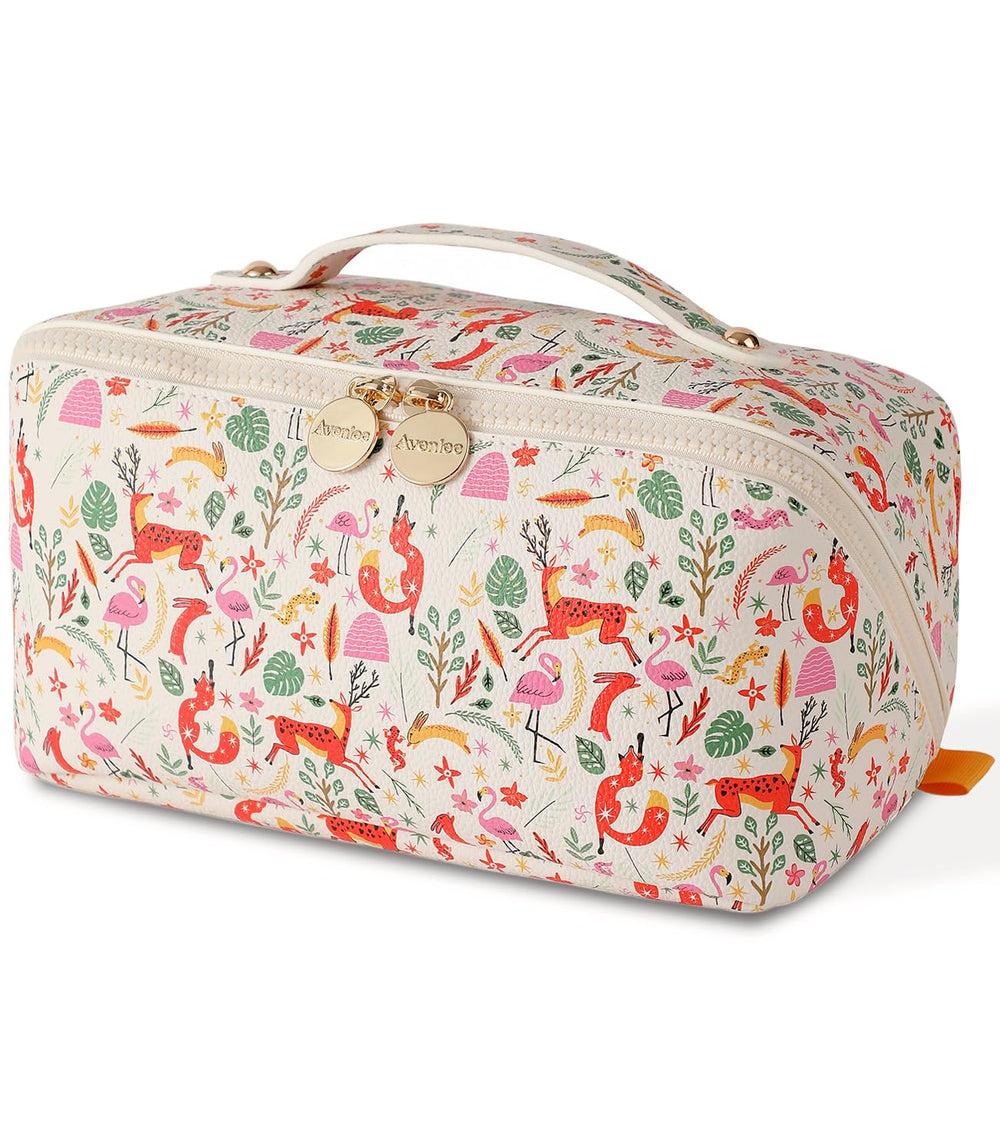 Aveniee travel makeup bag open-flat view for quick access.