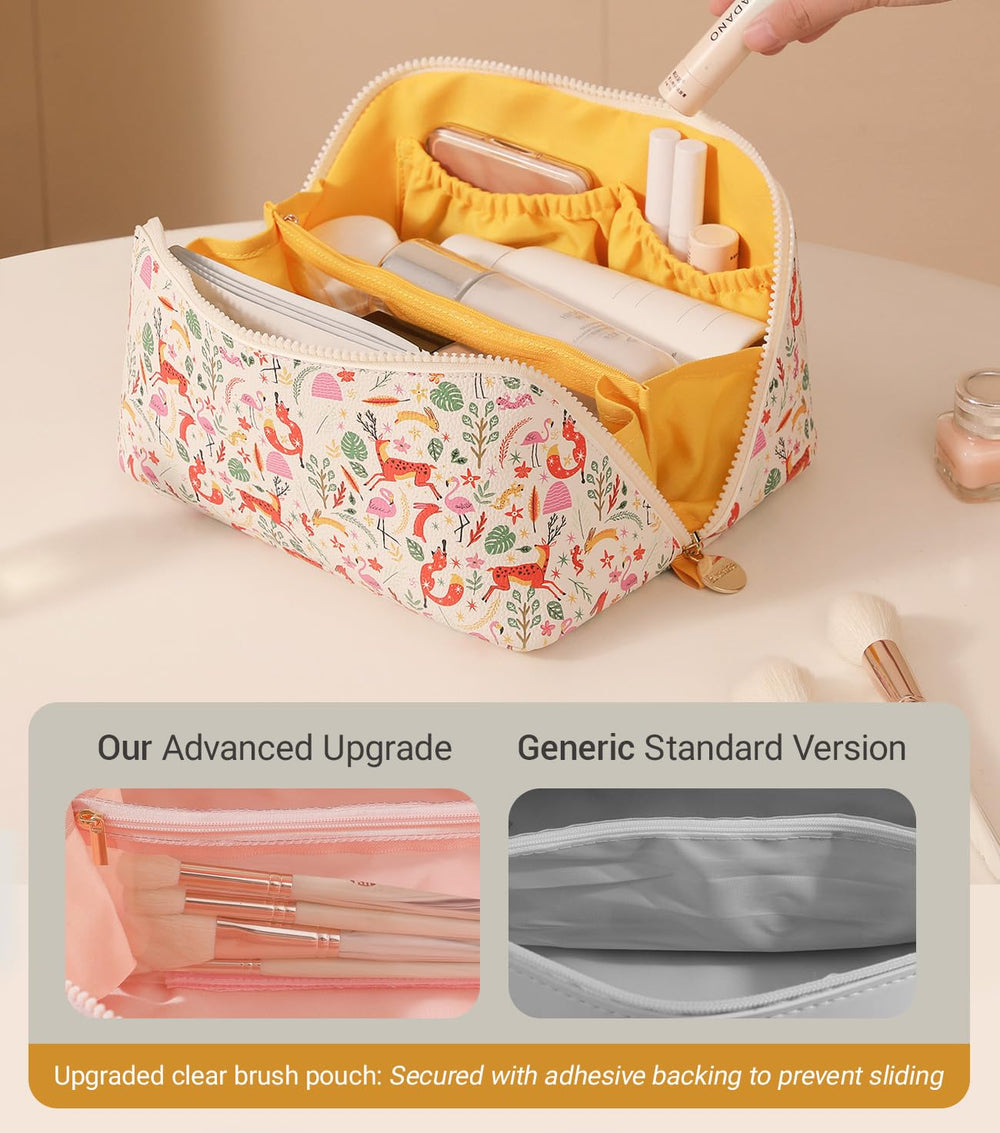 Aveniee travel makeup bag three-compartment layout separates items neatly.