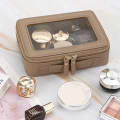 Aveniee travel case taupe PU leather zipper detail indicating durable, organized packing