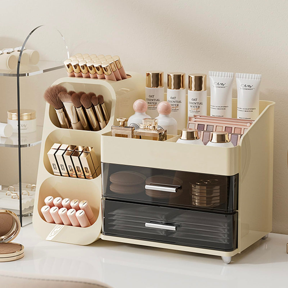 Aveniee vanity setup cream white spreads an elegant, cohesive decor look.