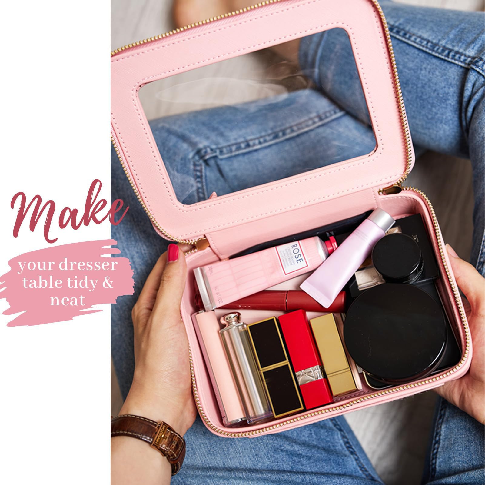 Aveniee waterproof cosmetic pouch demonstrates easy wipe-clean upkeep for messy routines.