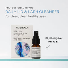 Avenova spray applied to eyelids for lash and lid cleansing