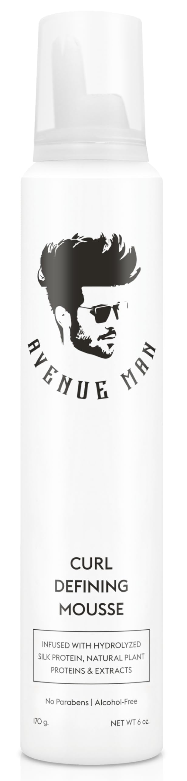 Avenue Man curl mousse bottle offers lightweight foam for defined, frizz-free curls.