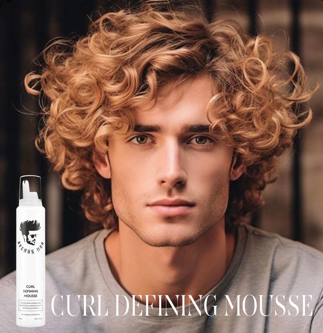 Avenue Man curl mousse adds soft shine to hair.