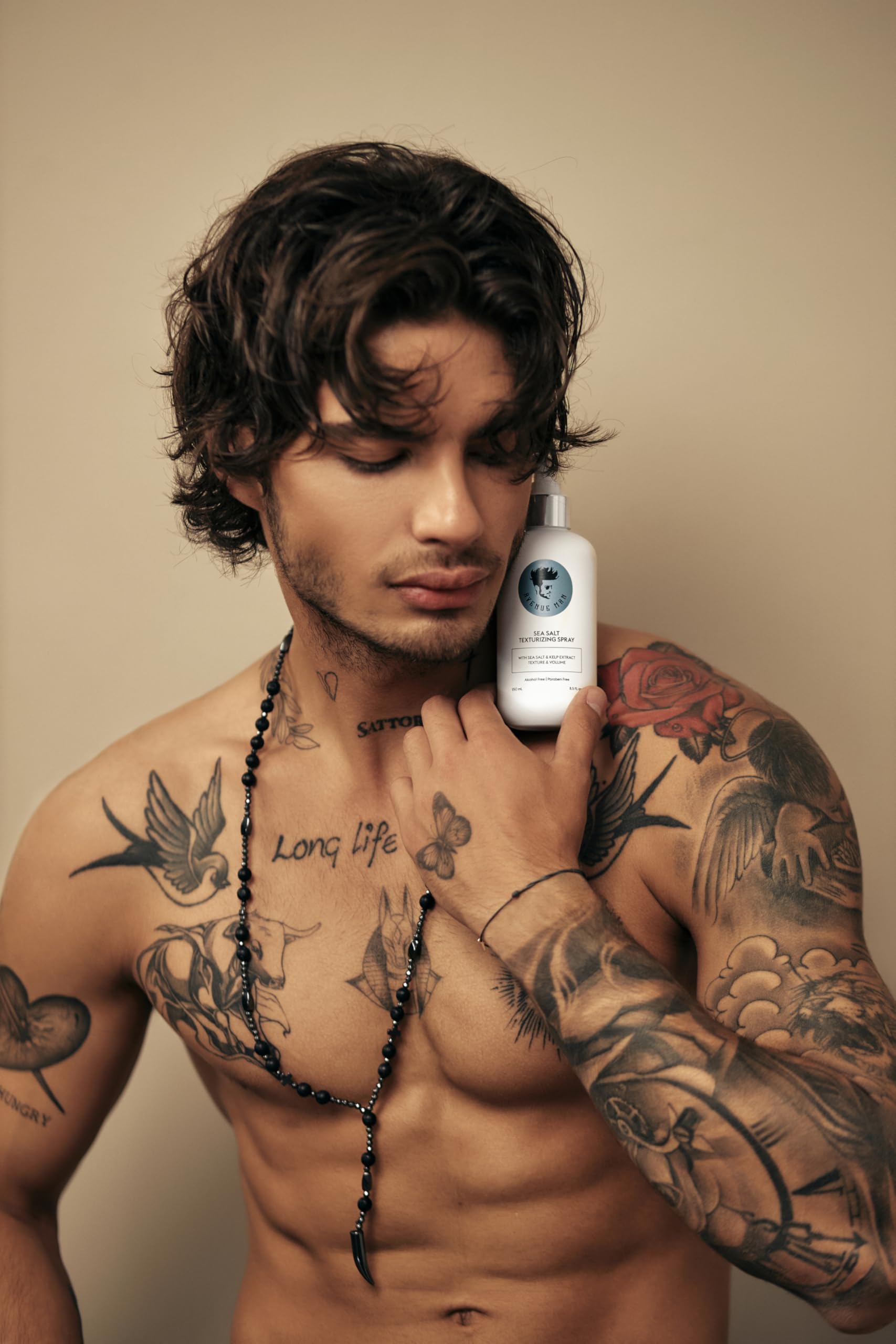 Avenue Man Sea Salt Spray with kelp extract supports hair strength and texture.