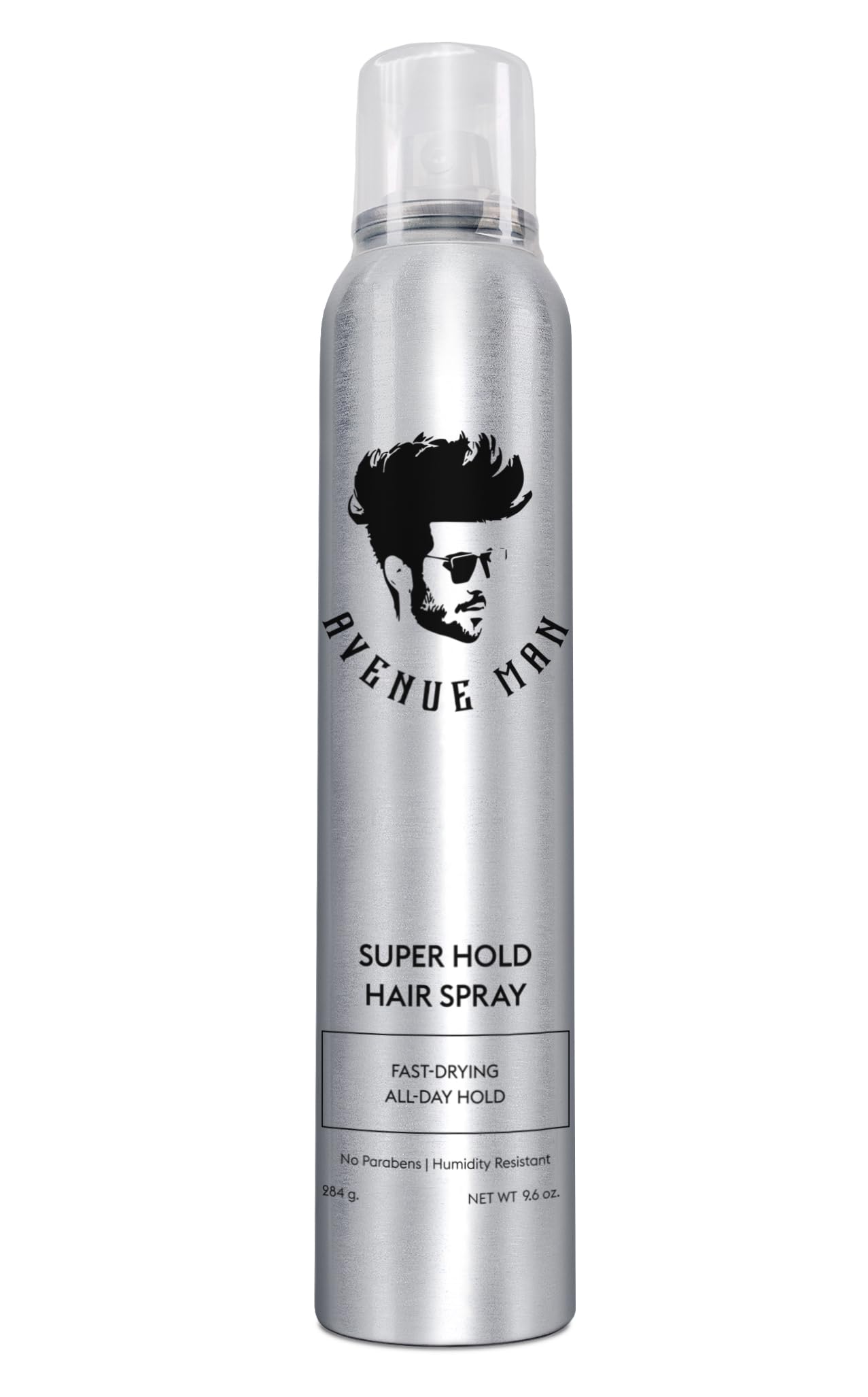 Avenue Man Super Hold hairspray bottle front keeps your style locked with fast-drying precision