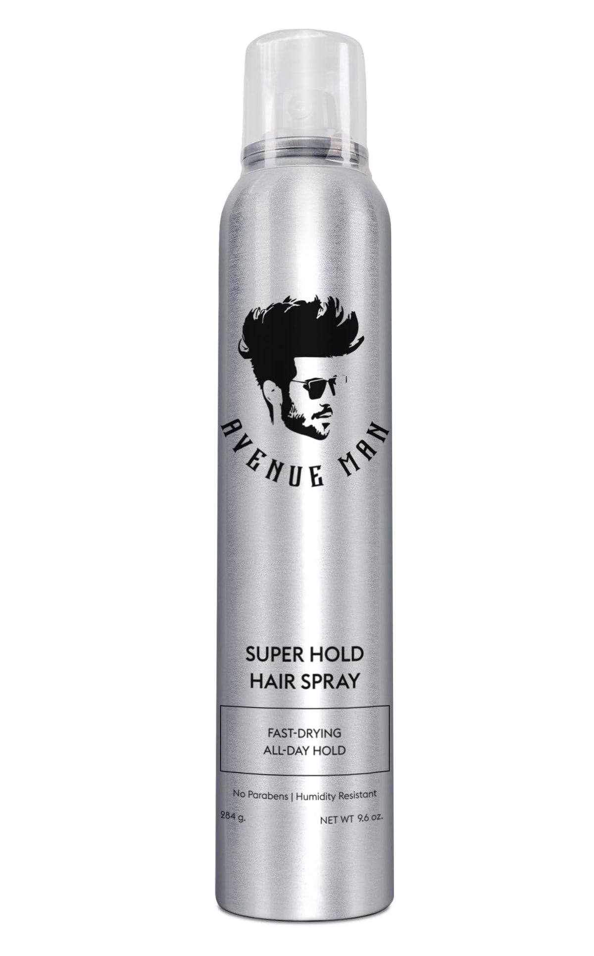 Avenue Man Super Hold hairspray bottle front keeps your style locked with fast-drying precision
