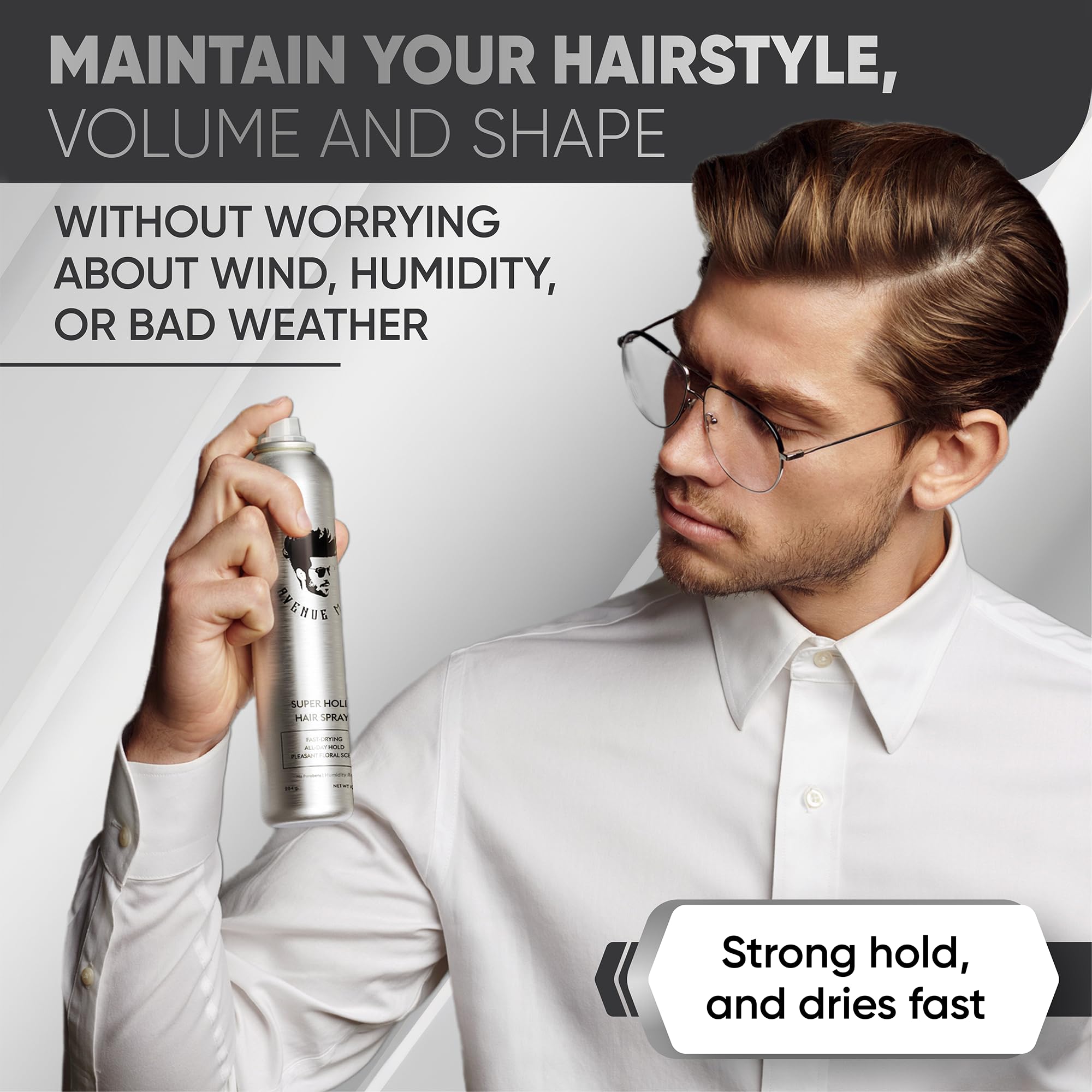 Avenue Man hairspray cap closeup highlights clean design and paraben-free formula for healthier styling