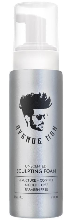 Avenue Man Unscented Sculpting Foam bottle front showing weightless volume and flexible hold.