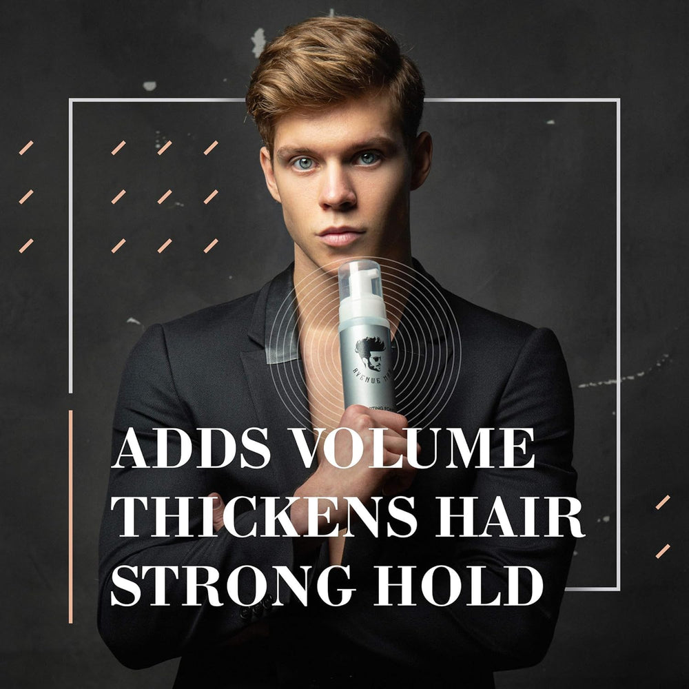 Close-up of Avenue Man Unscented Sculpting Foam texture shows frizz control.