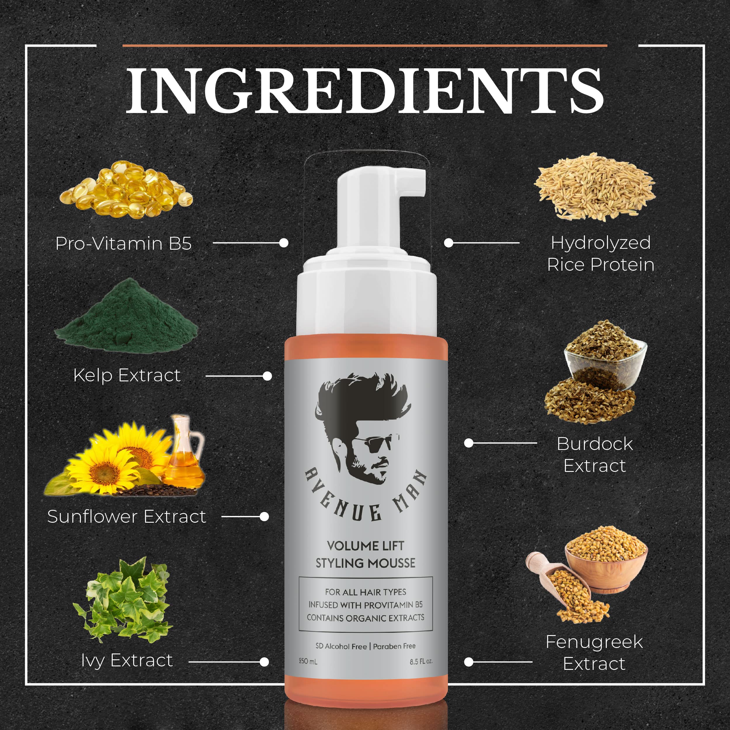 Avenue Man Volume Lift Mousse green tea extract section emphasizes antioxidant protection