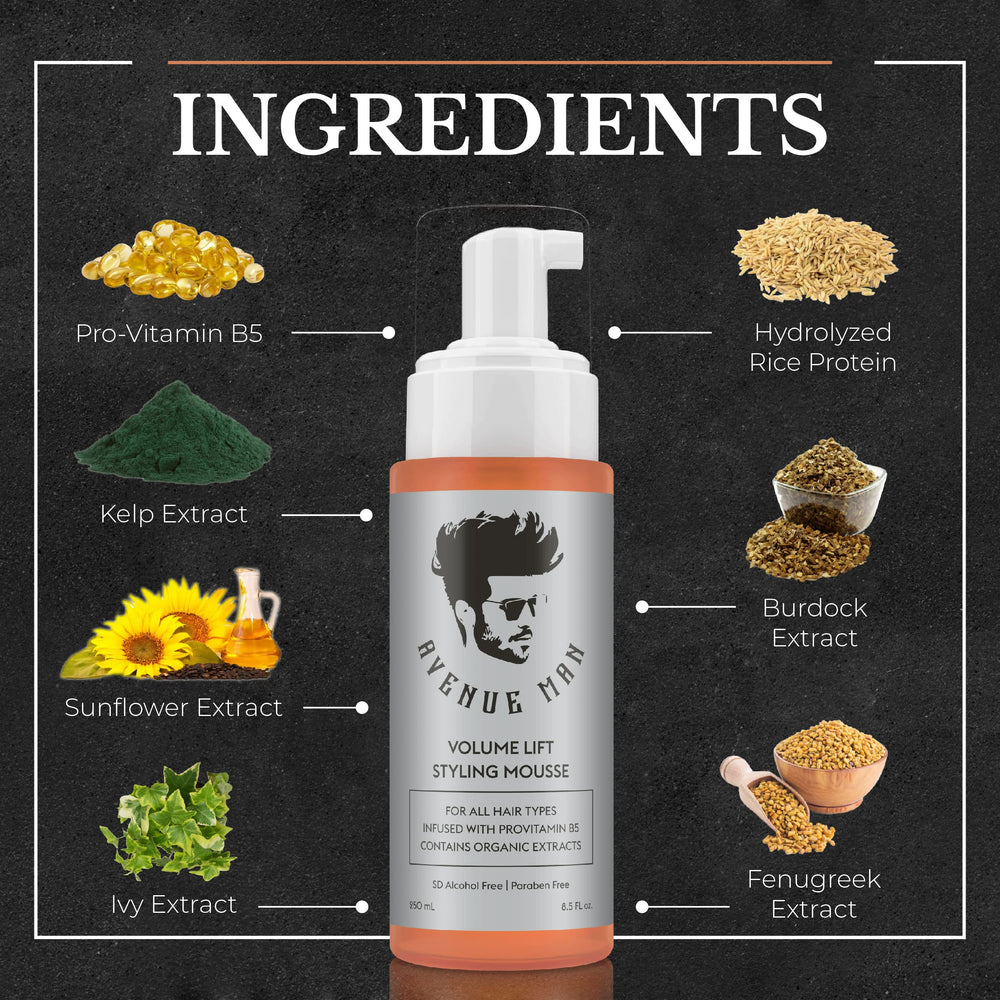 Avenue Man Volume Lift Mousse green tea extract section emphasizes antioxidant protection
