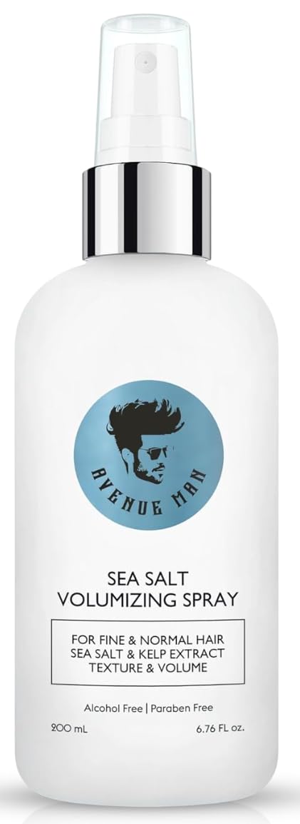 Avenue Man volumizing sea salt spray bottle showing lightweight texture for fine hair.