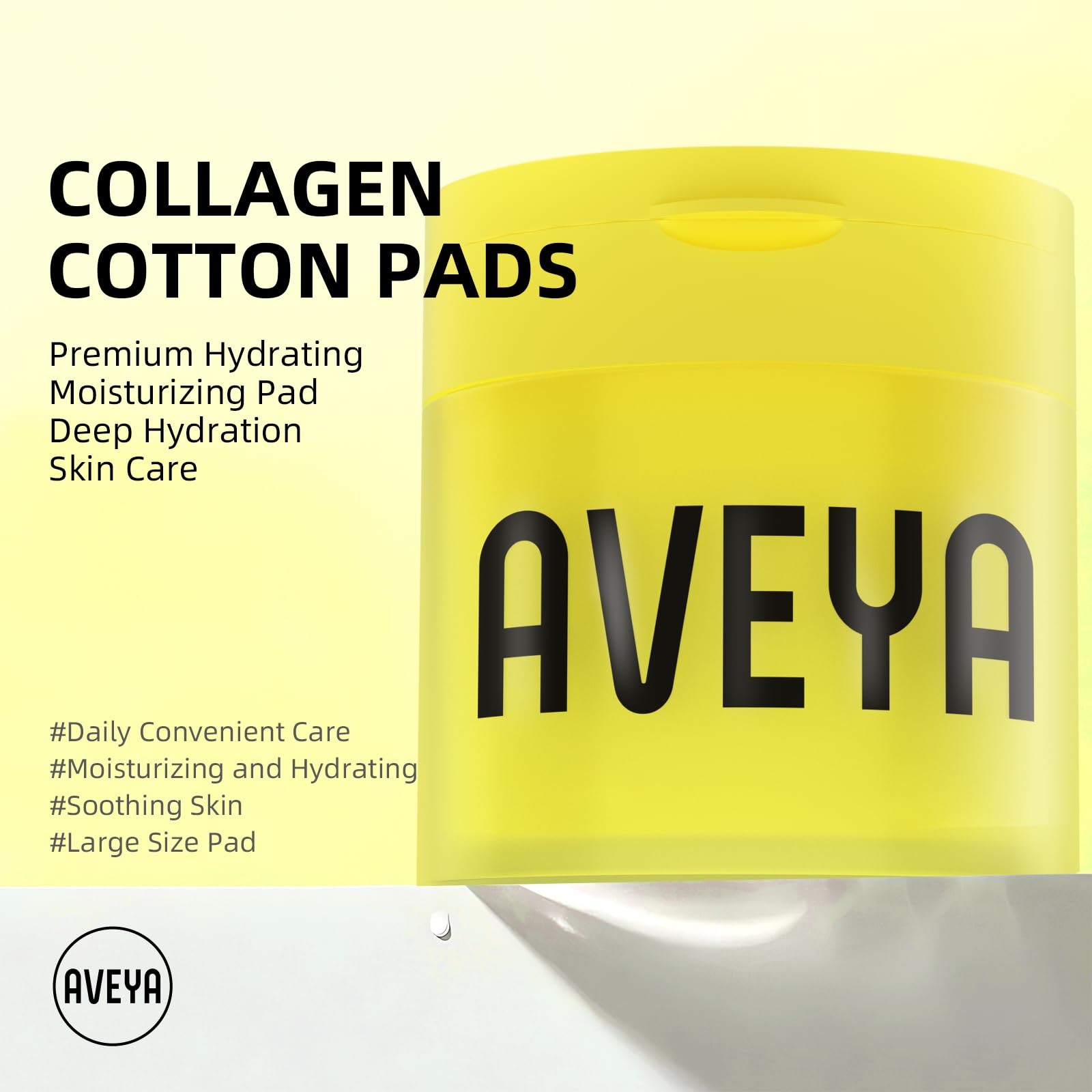 AVEYA Collagen Skin Moisturizing Pads sealed jar close-up showing hygienic on-the-go care.