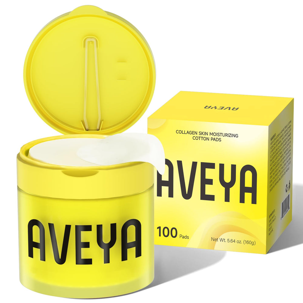 AVEYA Collagen Skin Moisturizing Pads travel compact demonstrates portable skincare solution.