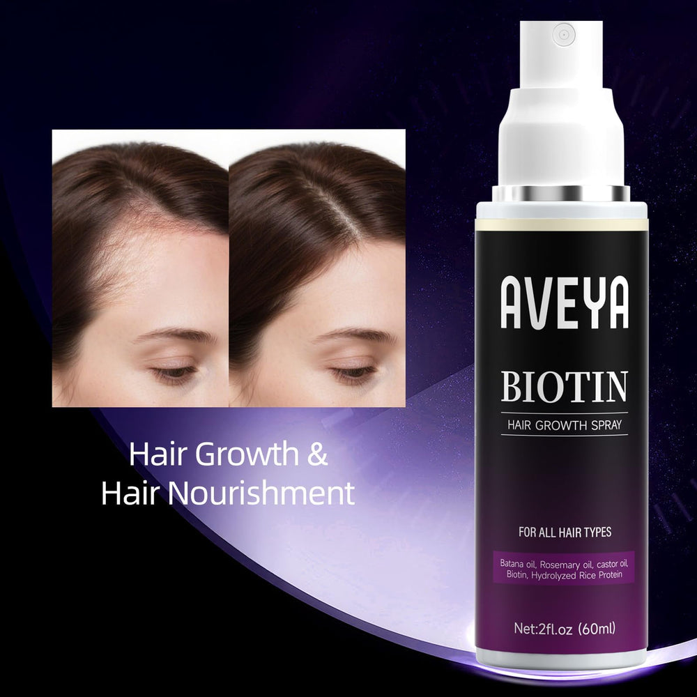 AVEYA Hair Growth Spray showcased in a tidy bath setup.