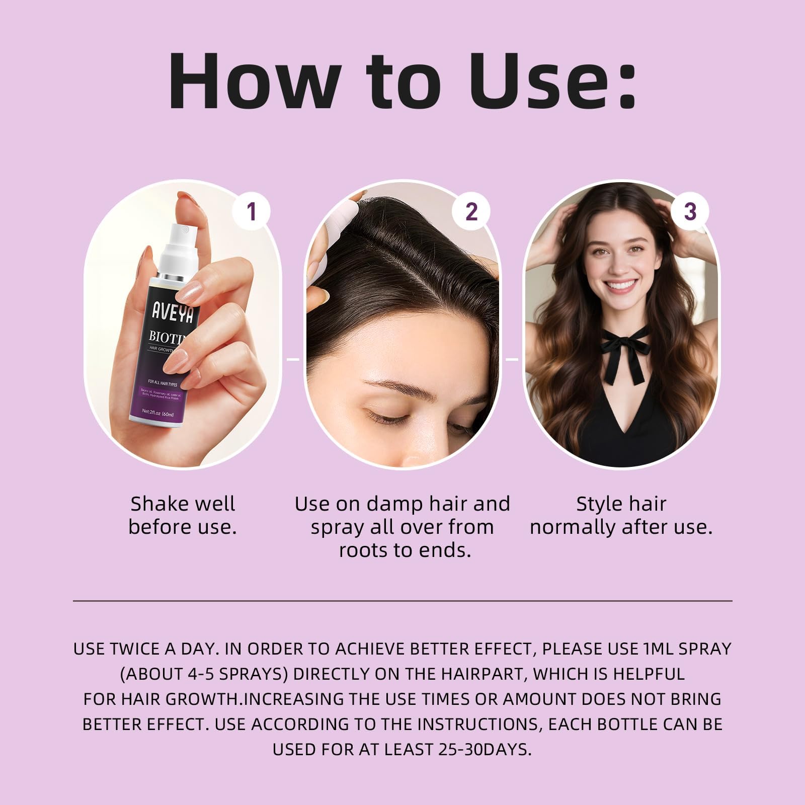 AVEYA Hair Growth Spray applied to damp hair to add volume.