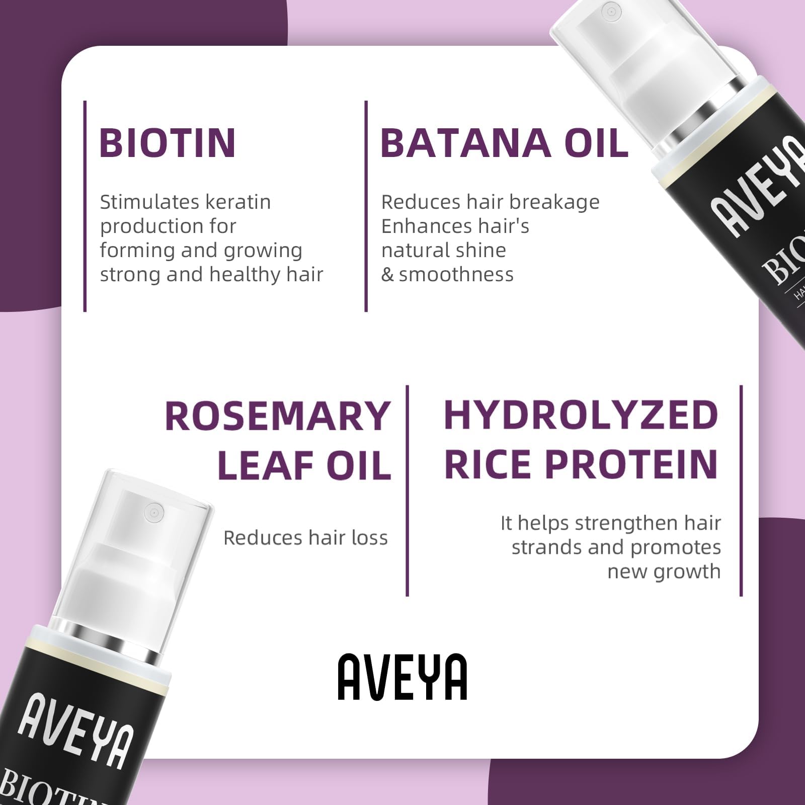 Hydrolyzed rice protein supports strength in AVEYA Hair Growth Spray.