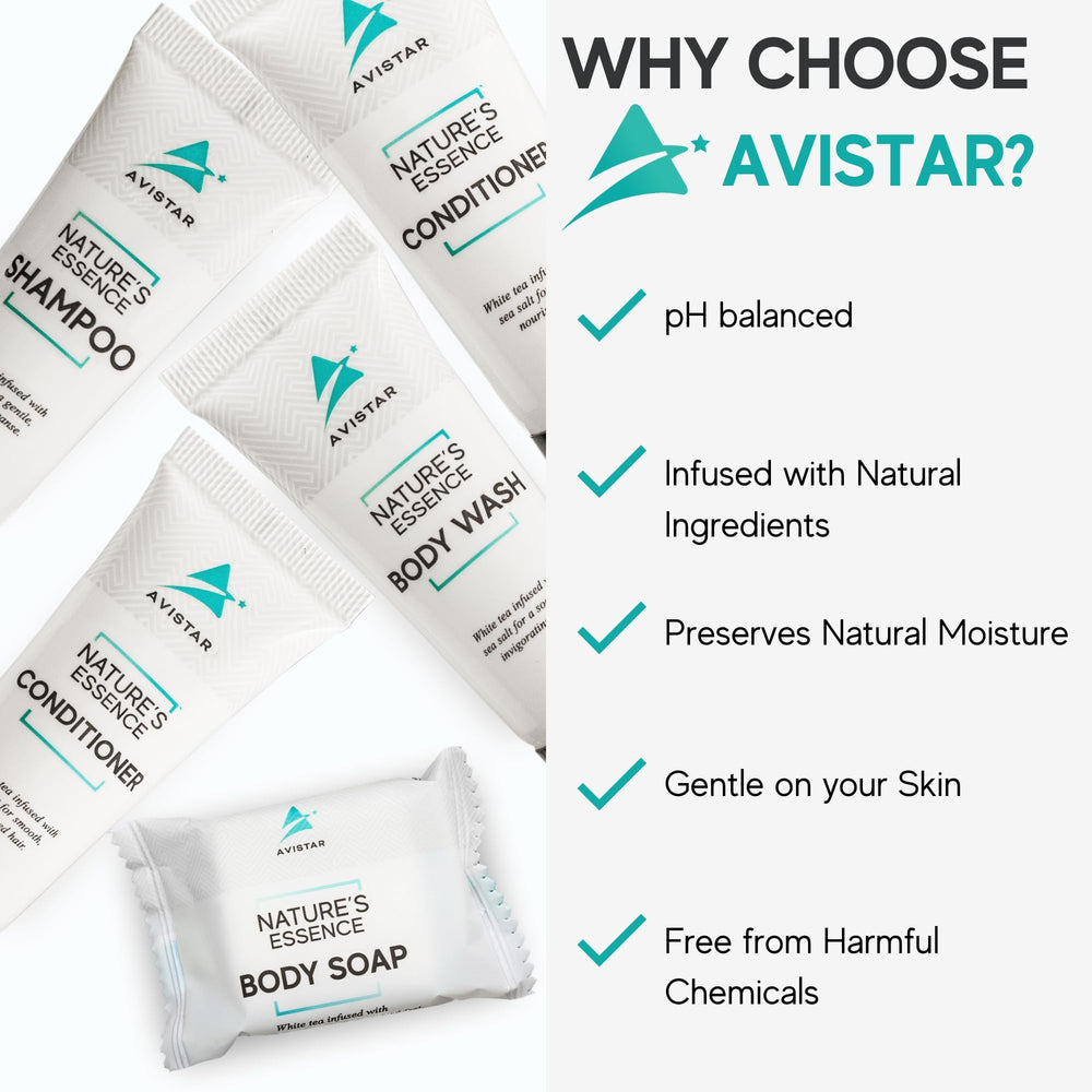 Avistar presentation pack showing cohesive hotel bathroom amenities in bulk