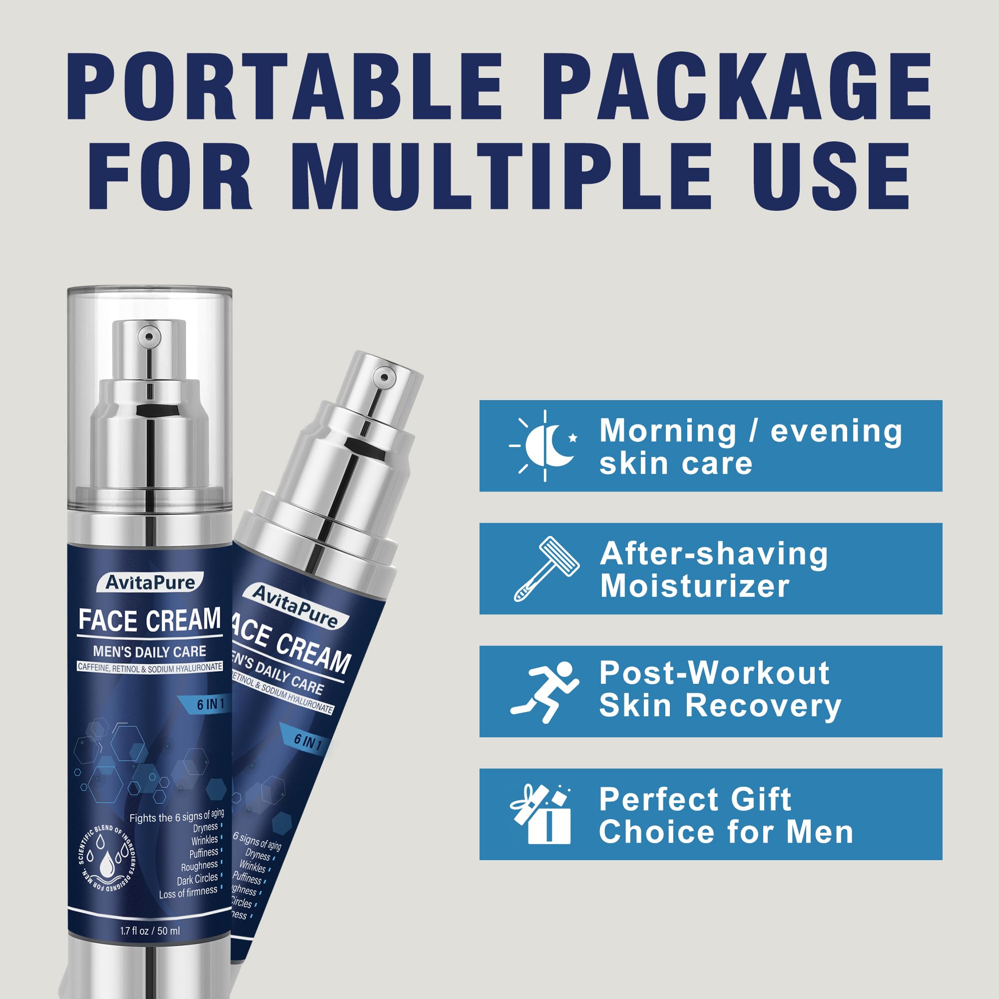 AVITAPURE 6-in-1 bottle with label conveys trusted, high-quality men's skincare