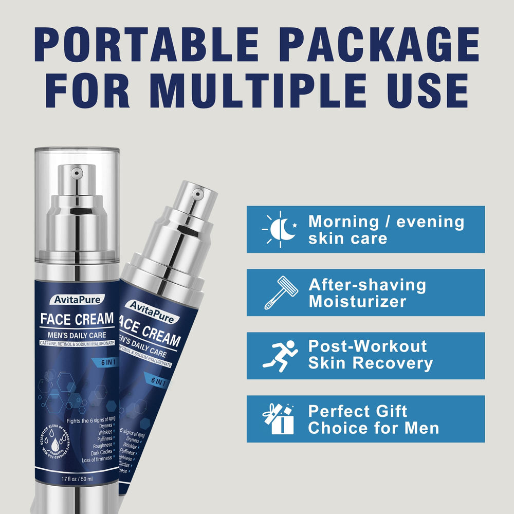 AVITAPURE 6-in-1 bottle with label conveys trusted, high-quality men's skincare