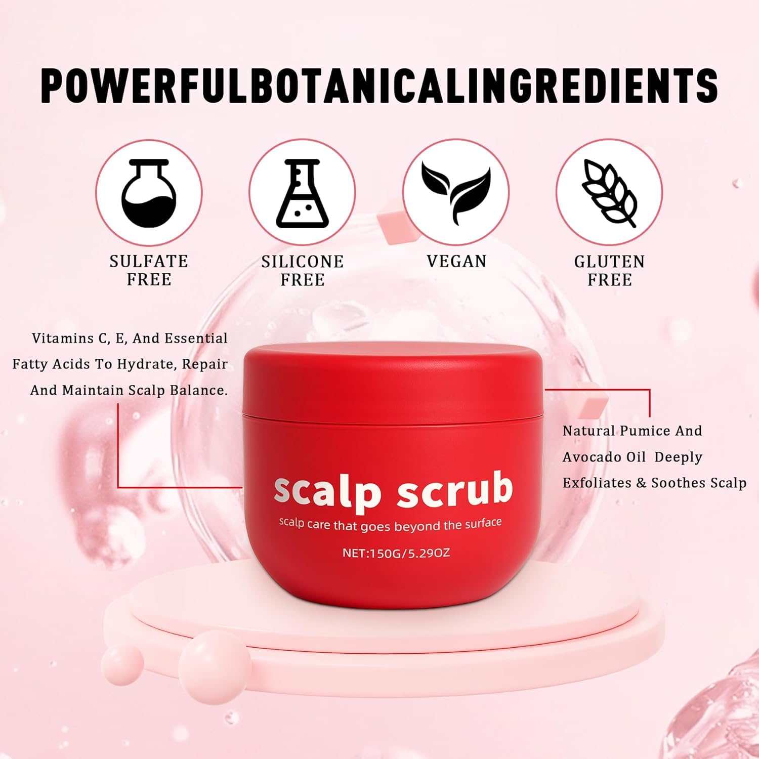 Avocado Oil Scalp Scrub color-safe-vegan-glutenfree label signals clean, plant-based care.