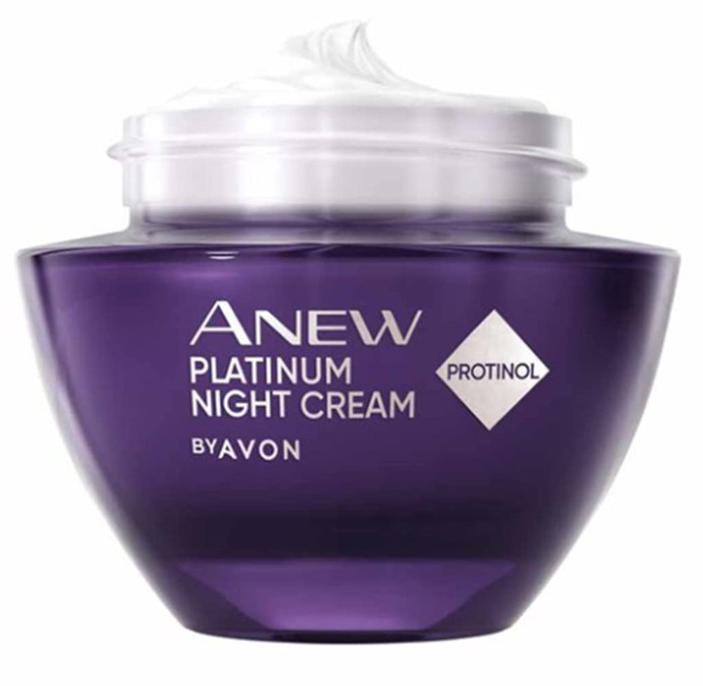 AVON Anew Platinum Night Cream application step shows smooth, hydrated skin overnight.