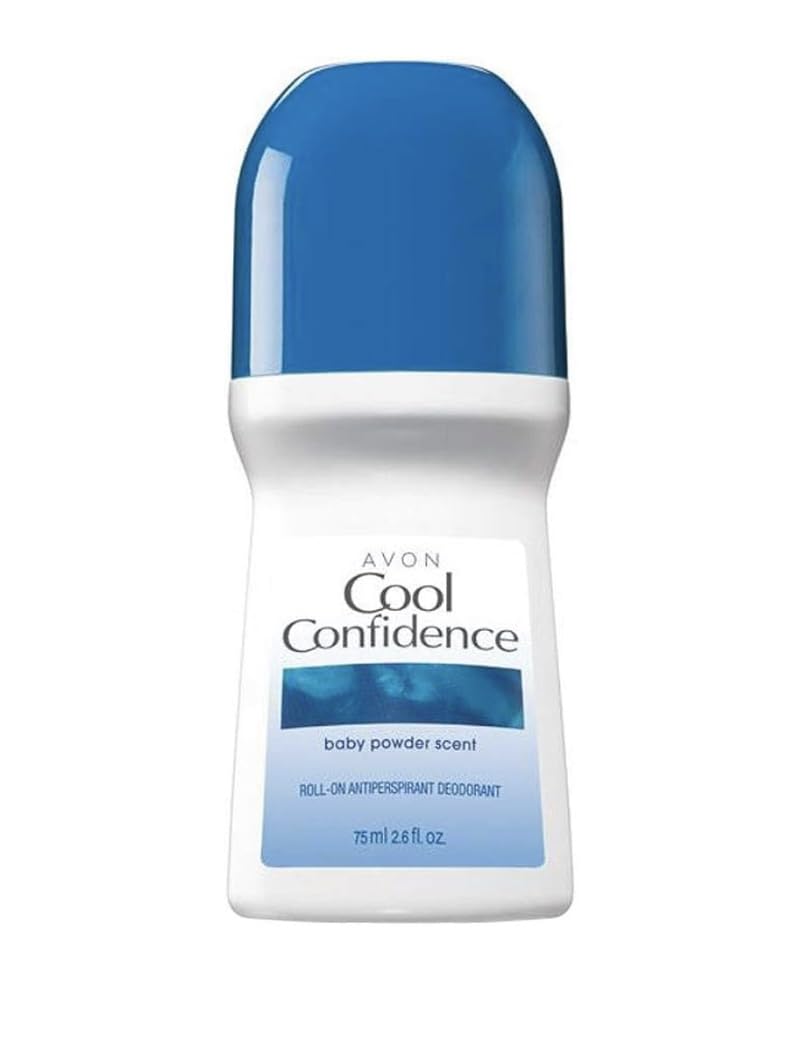 AVON Cool Confidence baby powder bottle closeup highlighting portable size and scent