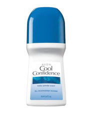 AVON Cool Confidence baby powder bottle closeup highlighting portable size and scent