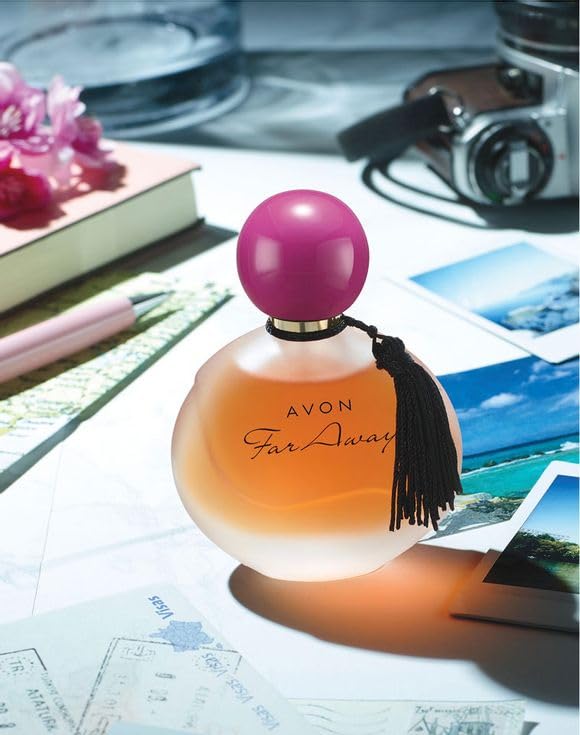 AVON Far Away bottle top view shows sleek silhouette for shelf appeal.