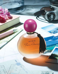 AVON Far Away bottle top view shows sleek silhouette for shelf appeal.