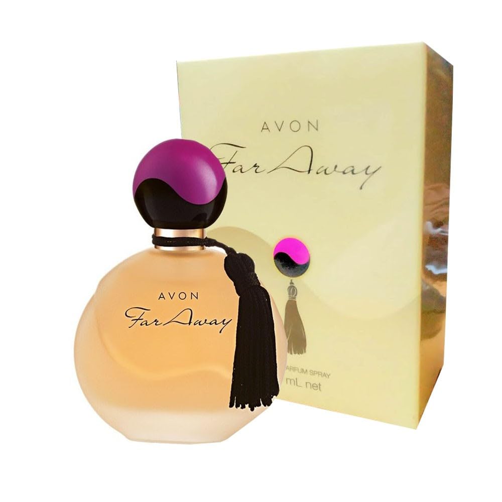 AVON Far Away notes graphic highlights freesia, jasmine and amber warmth.