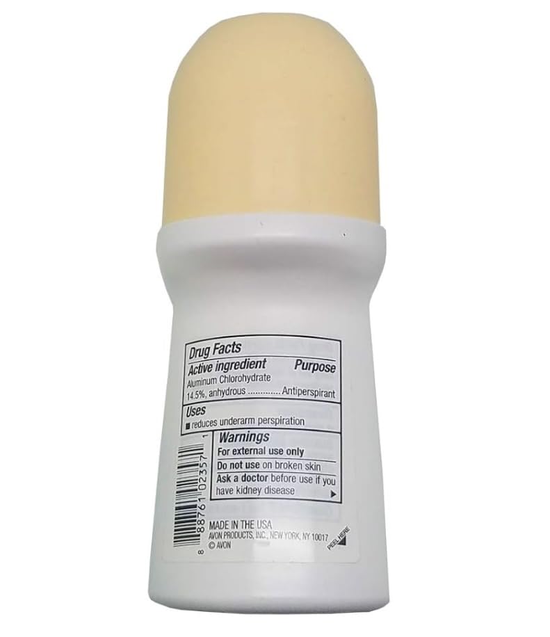 AVON Far Away roll-on deodorant bottle and box showcasing exotic fragrance notes for lasting freshness