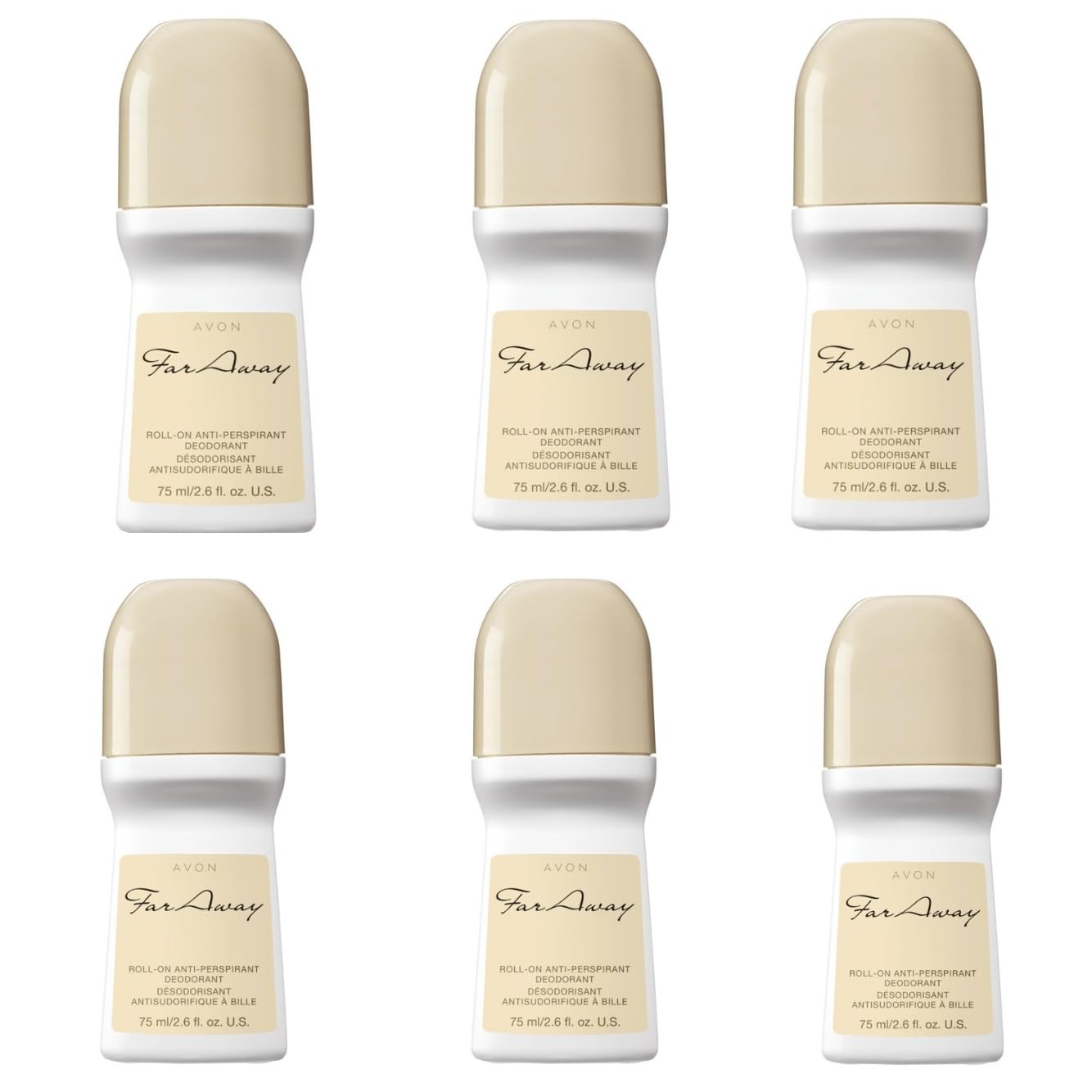 AVON Far Away roll-on deodorant six-pack packshot highlighting long-lasting freshness