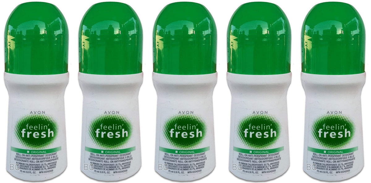 Avon's Feelin Fresh deodorant 5-pack sticks for daily freshness and odor control.