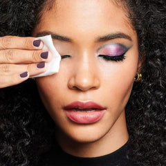 AVON FMG moisturizing eye makeup remover lotion application closeup, wipes away makeup while hydrating lids