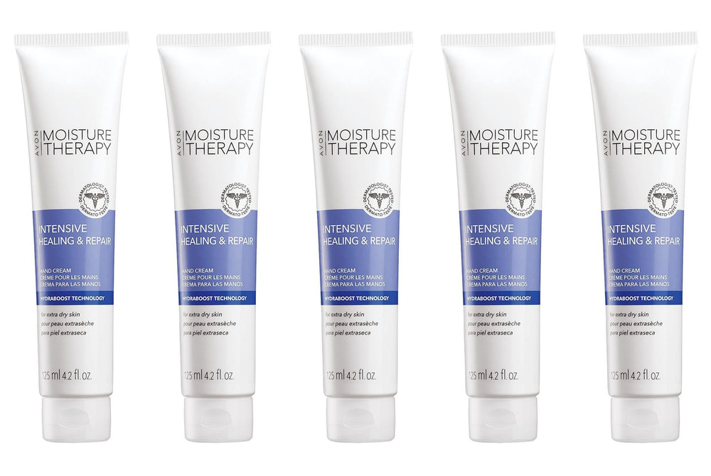 AVON Moisture Therapy Calming Relief Hand Cream tub close-up showing rich moisture for daily use.