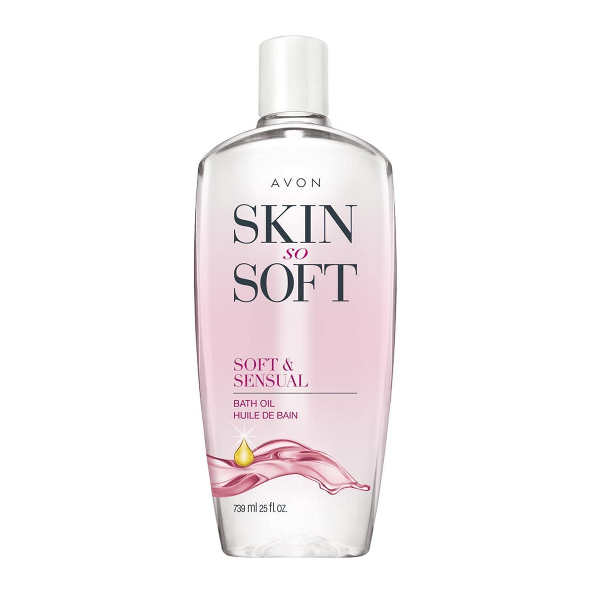 AVON Skin So Soft bath oil bottle pour delivers long-lasting hydration for soft, touchable skin.