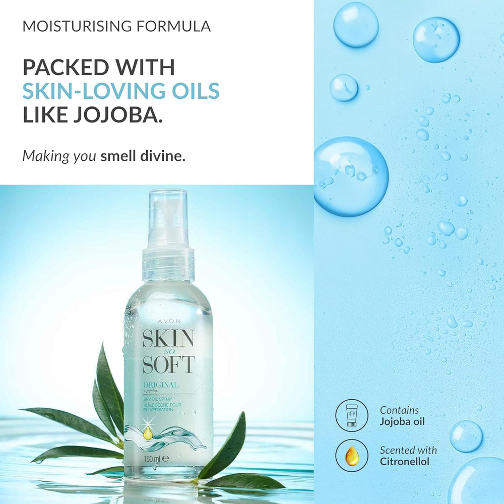 AVON Skin So Soft dry oil on skin demonstrates quick-absorbing hydration without greasy finish.
