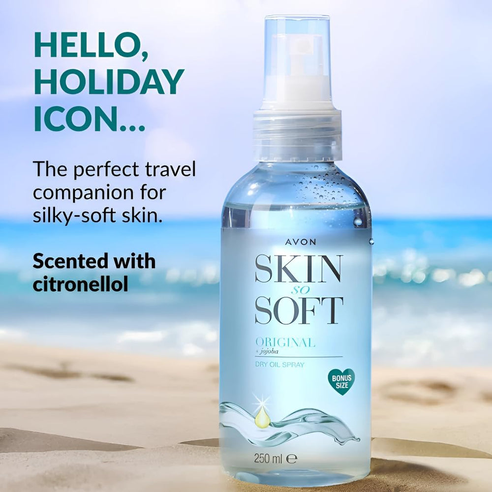 Avon Skin So Soft Original Dry Oil Spray bottle close-up for easy application and absorption.