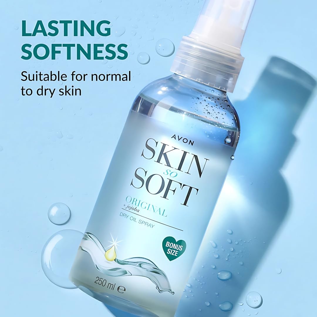 Avon Skin So Soft Original Dry Oil Spray texture application showing lightweight feel and moisture.