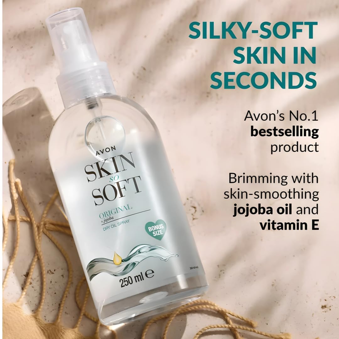 Avon Skin So Soft Dry Oil with jojoba oil for nourished skin after use.