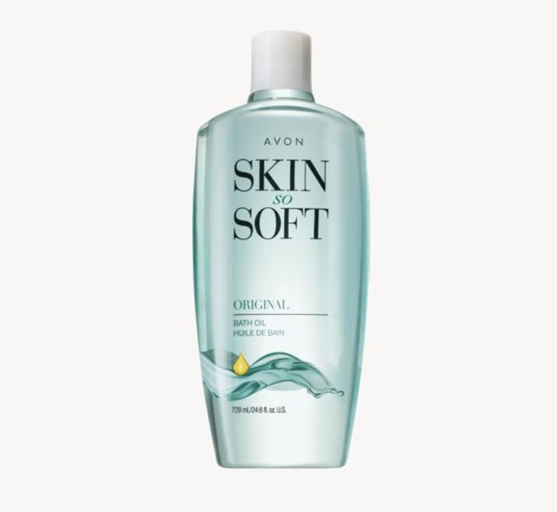 Avon Skin So Soft Original Bath Oil bottle closeup highlights jojoba-rich formula for hydrated skin.